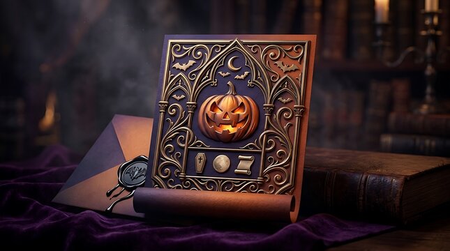 Gothic Halloween invitation card with carved pumpkin, ornate vintage scroll on dark velvet, spooky mystical library background