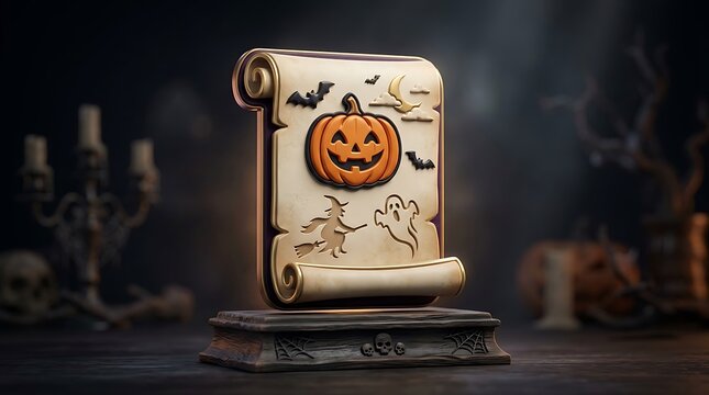 Vintage Halloween scroll with pumpkin icon. Spooky parchment paper with witch and ghost. Dark gothic holiday decor for invitations.