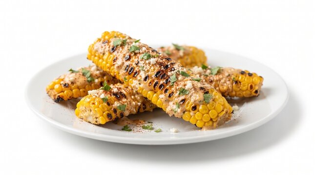 Grilled Mexican Street Corn Elotes Ribs with Cheese Sauce on White Plate Isolated