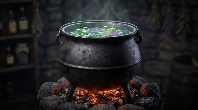 Witch cauldron with bubbling green potion. Ancient iron pot over hot coals in a dark stone cellar. Mystical alchemy laboratory with magic brew.
