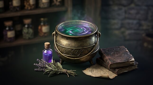 Mystical witch cauldron with glowing potion, ancient magic books and apothecary jars, dark fantasy alchemy laboratory