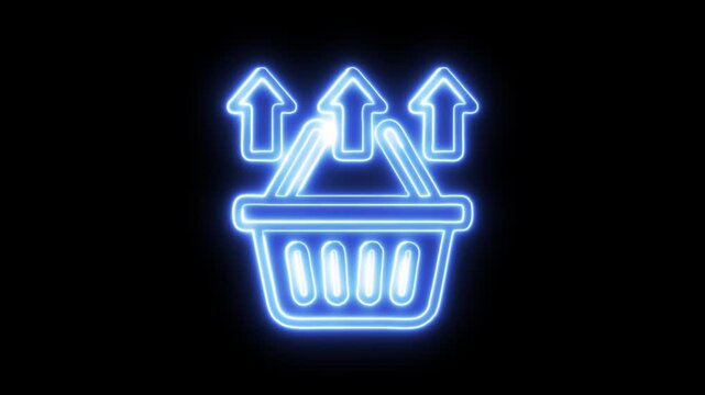 Blue neon shopping basket with rising arrows animation on black background showing sales growth and commerce performance.