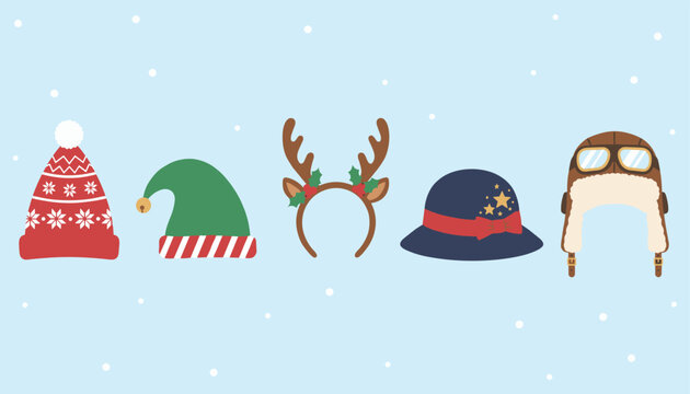 Five charming winter and Christmas hats, including a red beanie, green elf hat, and reindeer antlers headband.
