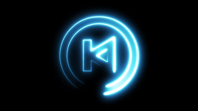 Neon blue back button symbol glow animation on black background with circular light motion effect for digital media video.