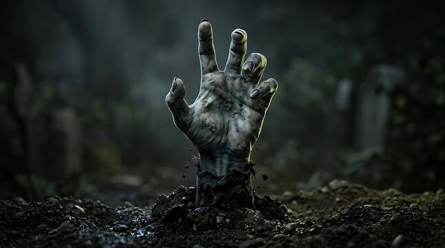 Zombie hand rising from grave, undead monster reaching from graveyard soil, spooky halloween horror scene in misty cemetery