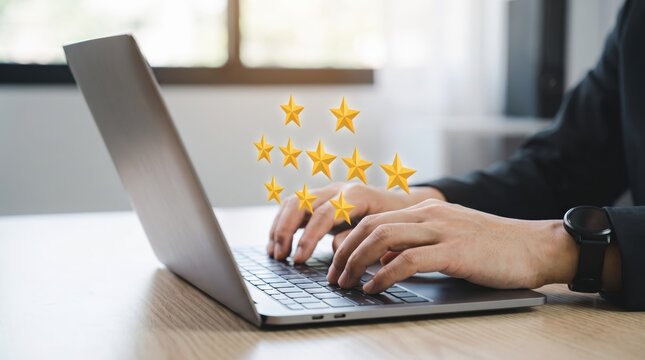 Close up of hands typing on laptop keyboard with floating golden five star rating icons, illustrating customer satisfaction, positive feedback, excellent service quality