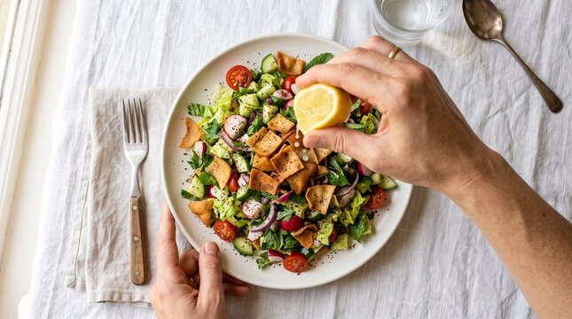 Hand squeezing fresh lemon juice over a healthy Fattoush salad on a rustic table