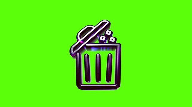 Purple trash can icon with lid open and garbage inside for delete or remove digital file action button