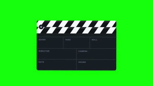 A minimalist black professional film clapperboard slate isolated on a clean vibrant chroma key background for video production and media editing projects