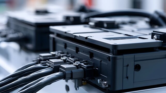 Close up of industrial battery cell stack with organized black cables and metallic connectors in a clean  modern setting