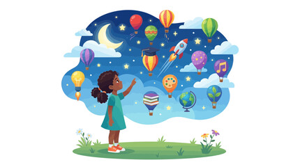 Fototapeta premium Girl dreaming of education with symbolic hot air balloons in night sky