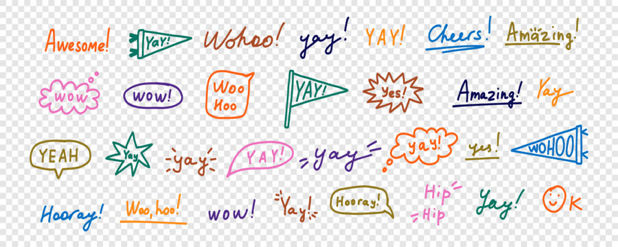 Doodle Bubble Speech with Yay Png Set Elements. Yay Typography Balloon Sticker Kit. Playful Hurray Speechbubble Chat Collection. Handdrawn Vector Illustration in Transparent Bg