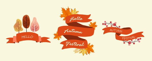 Obraz premium Autumn Ribbon Label Set with Leaves and Seasonal Decorations