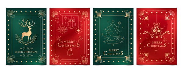Naklejka premium Christmas Gold Card Set with Deer, Tree, and Ornament