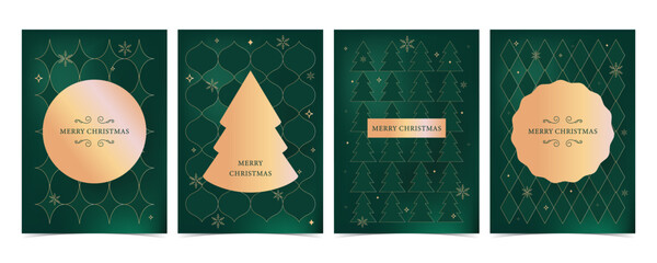 Naklejka premium Green Christmas Gold Pattern Cards with Tree and Labels