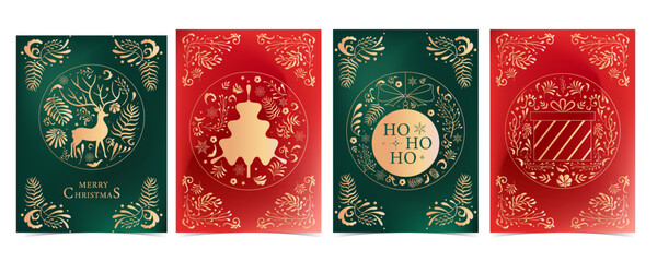 Naklejka premium Christmas Gold Ornament Cards with Deer and Gift Motifs