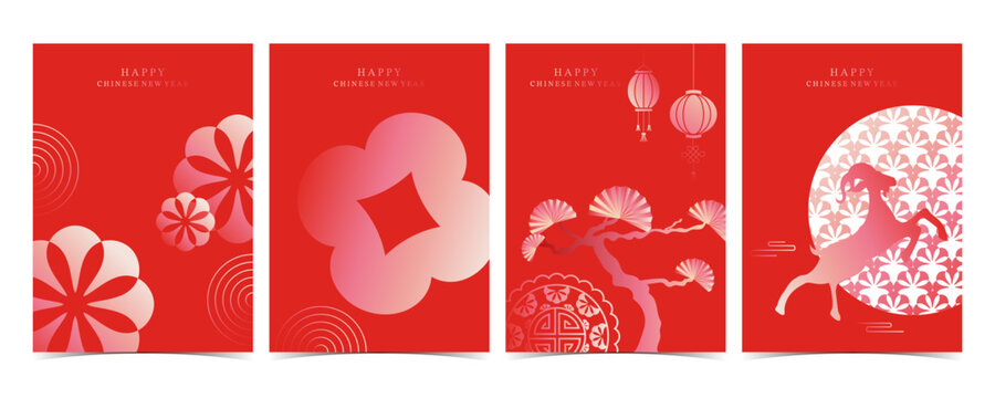 Red Chinese New Year Card Set with Fan and Flowers