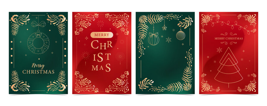 Elegant Christmas Gold Cards with Baubles and Pine Branches