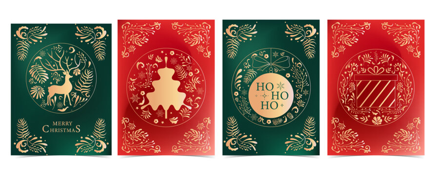 Christmas Gold Ornament Cards with Deer and Gift Motifs