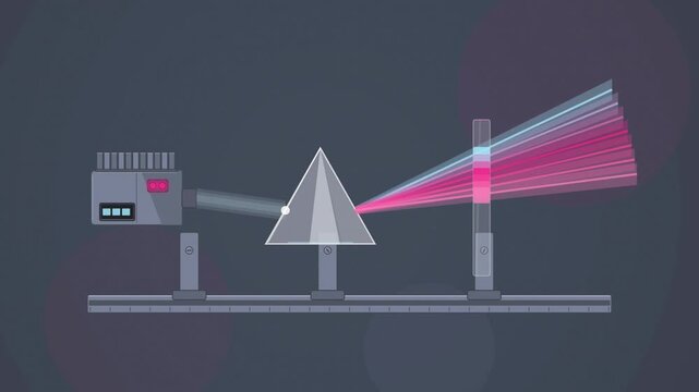 Abstract animated prism splitting beam into spectrum drawn as blue and cyan lines and shapes on a deep dark background. Seamless looping 4K motion graphics video with free space for text, ideal for ti