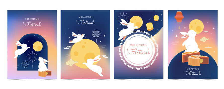 Dark Mid Autumn Rabbit Cards with Full Moon and Lanterns