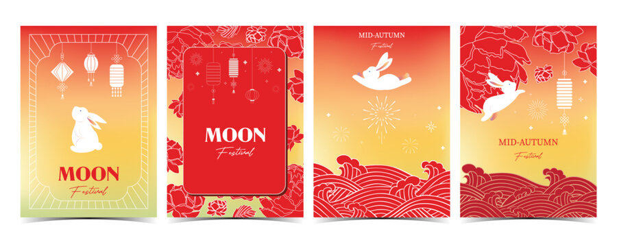 Vibrant Mid Autumn Cards with Red Waves and Lanterns