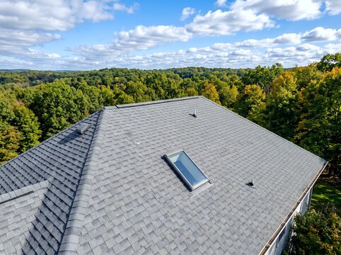 秋の森を背景に青空の下で住宅屋根と天窓をドローン空撮
