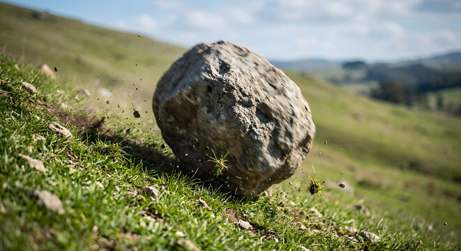 A large round rock rolling down a grassy hill kicking up dirt and small debris in its path on a sunny day.