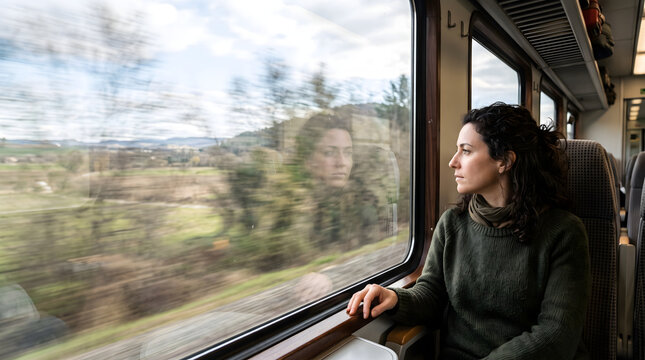 Woman looking out train window at landscape