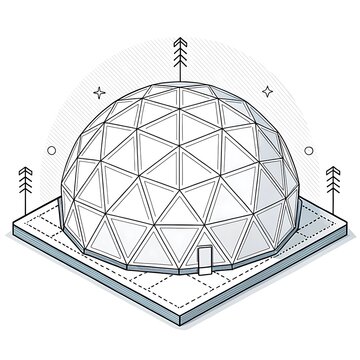 Geodesic dome greenhouse with trees and entrance door