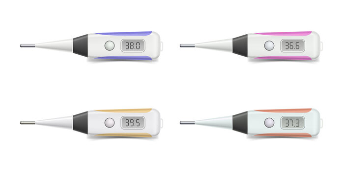 Four digital thermometers showing different temperatures on transparent background