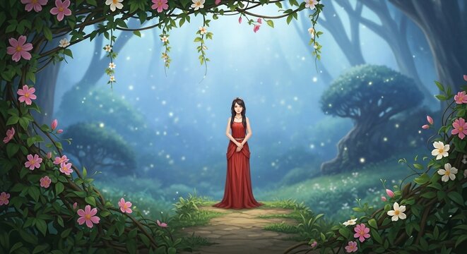 Woman in red dress enchanted forest