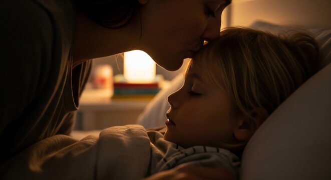 Woman kissing child bedtime