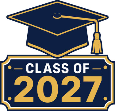 Graduation cap with class of 2027 lettering plaque for academic ceremony and festive school events.
