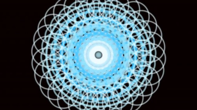 fractal mandala geometric pattern glowing with blue neon spirograph circles on black background for digital art