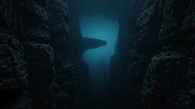 Deep underwater cave exploration with dramatic light beams shining through dark rocky walls in the abyss