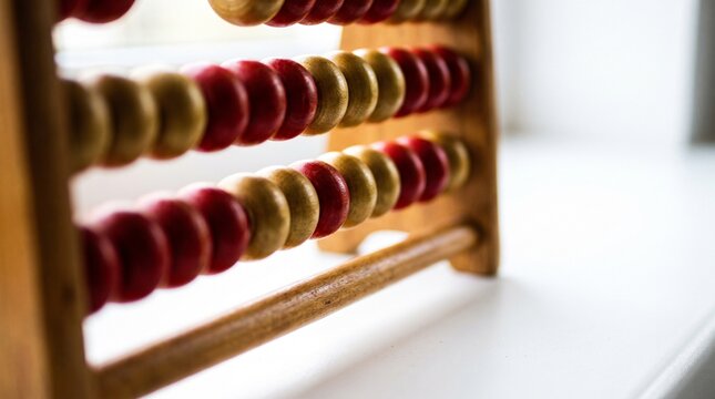 Traditional Wooden Abacus With Red And Gold Counting Beads For Mathematical Learning And Basic Calculation Skills Practice