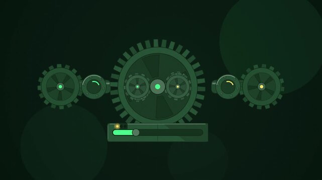 Abstract animated differential gears splitting axle torque drawn as green and teal lines and shapes on a deep dark background. Seamless looping 4K motion graphics video with free space for text, ideal