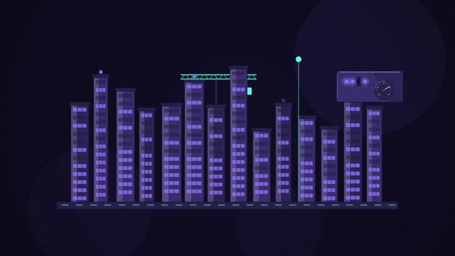 Abstract animated skyline towers growing over decades drawn as blue and cyan lines and shapes on a deep dark background. Seamless looping 4K motion graphics video with free space for text, ideal for i