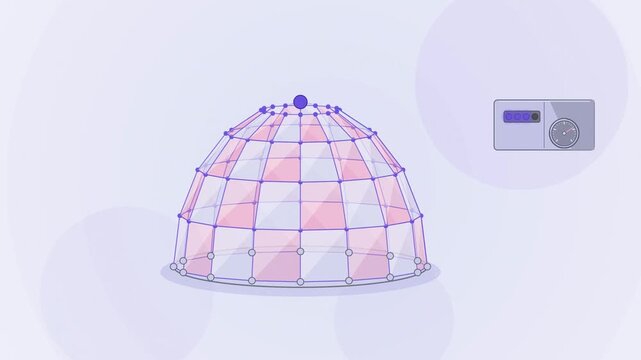 Abstract animated geodesic dome panels assembling upward drawn as blue and cyan lines and shapes on a bright, clean light background. Seamless looping 4K motion graphics video with free space for text