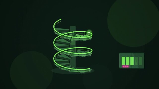 Abstract animated spiral stair light climbing flight drawn as green and teal lines and shapes on a deep dark background. Seamless looping 4K motion graphics video with free space for text, ideal for i