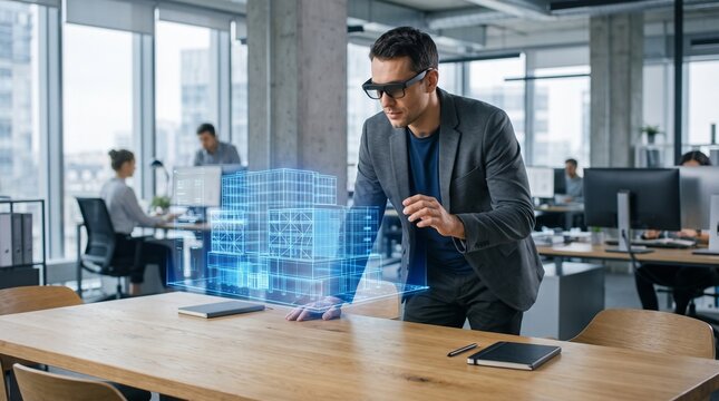 Male architect analyzing a holographic 3D building projection on a wooden conference desk representing innovative architectural design and high-tech office tools.