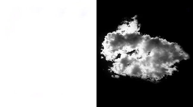 Realistic white cloud isolated on black background, fluffy cumulus cloud alpha channel, atmospheric weather element for digital compositing