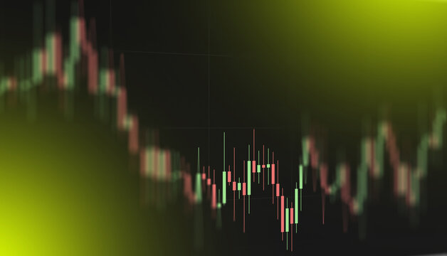 Abstract financial stock market candlestick chart with a downward trend and a yellow gradient background, representing economic recession, trading, and investment loss.