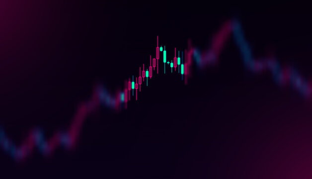 Abstract representation of a financial stock market candlestick chart with upward trending data, displaying red and green candles against a dark, blurred background, evoking investment and trading con