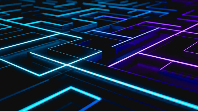 A futuristic 3D abstract maze background with glowing neon blue and purple lines, representing digital technology and data networks.