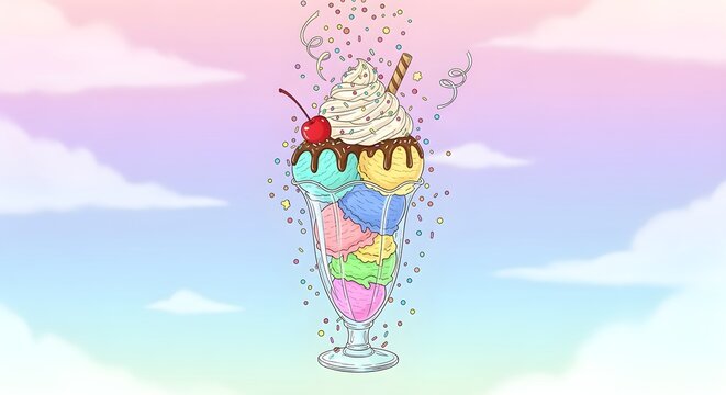 A creatively reimagined version of fun surreal concept: floating ice cream sundae with sprinkles falling like confetti, dreamy pastel sky background, whimsical creative illustration, emphasizing style