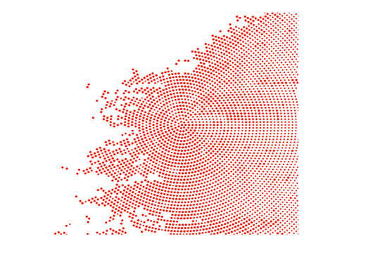 Red halftone circular pattern, abstract radial dot texture on white background, geometric stipple effect for modern graphic design