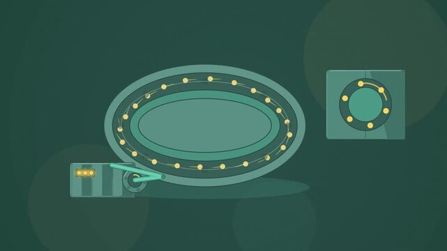 Abstract animated torus channel circulating water flow drawn as cyan and teal lines and shapes on a deep dark background. Seamless looping 4K motion graphics video with free space for text, ideal for 