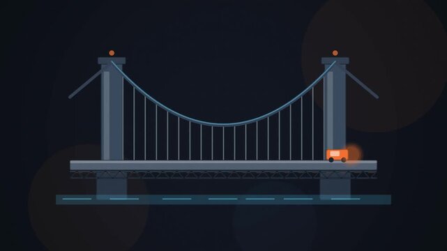 Abstract animated suspension bridge cable curve sagging drawn as blue and cyan lines and shapes on a deep dark background. Seamless looping 4K motion graphics video with free space for text, ideal for